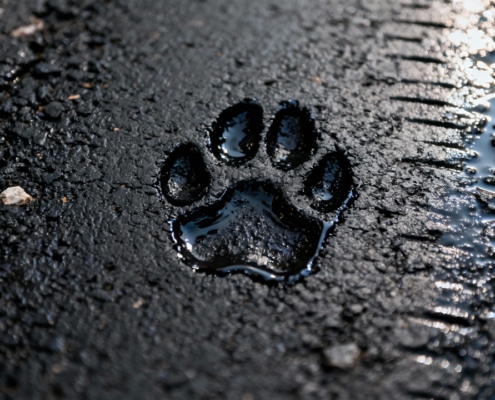 Dog's paw print in freshly laid tar on a road
