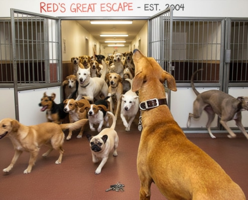 Red, the Lurcher, helping other dogs escape Battersea Dog's Home