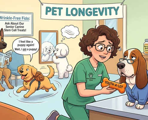 Humorous cartoon of dogs being treated with anti-ageing medication