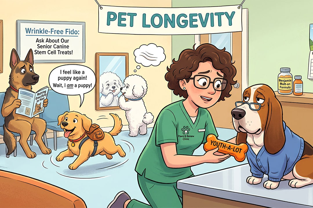 Humorous cartoon of dogs being treated with anti-ageing medication