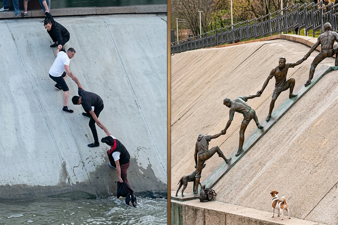 The human chain (real and the statue) rescuing a drowning dog