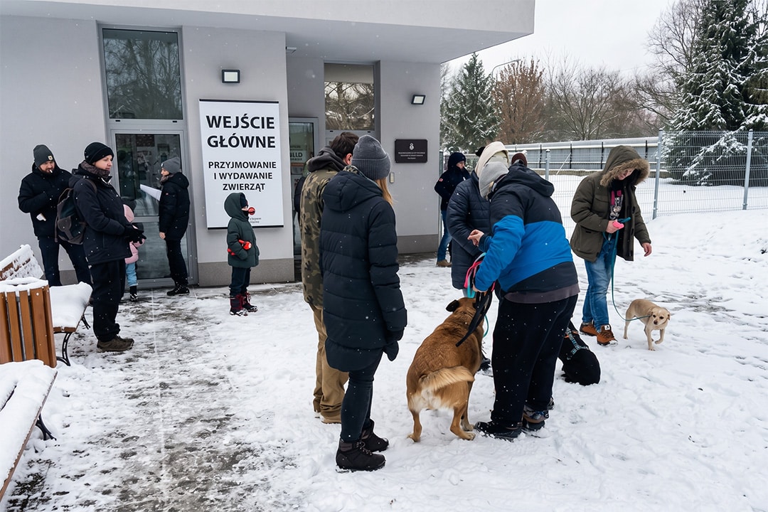People wait outside dog rescue centre in Krakow, Poland.