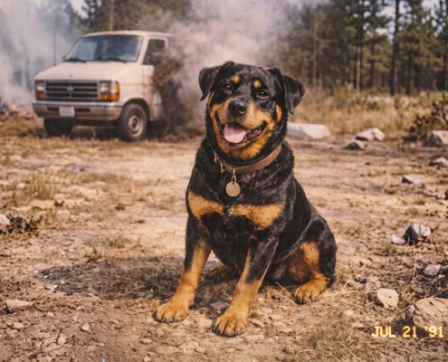 Eve, the Rottweiler, in front of a burning van