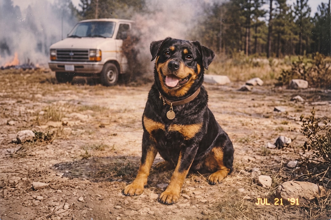 Eve, the Rottweiler, in front of a burning van